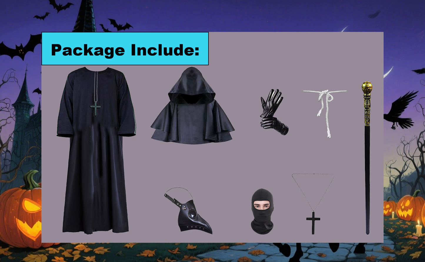 Medieval Plague Doctor Costume Mask Set,Black Hooded Halloween Cosplay Outfit for Adults Men Women,Teen