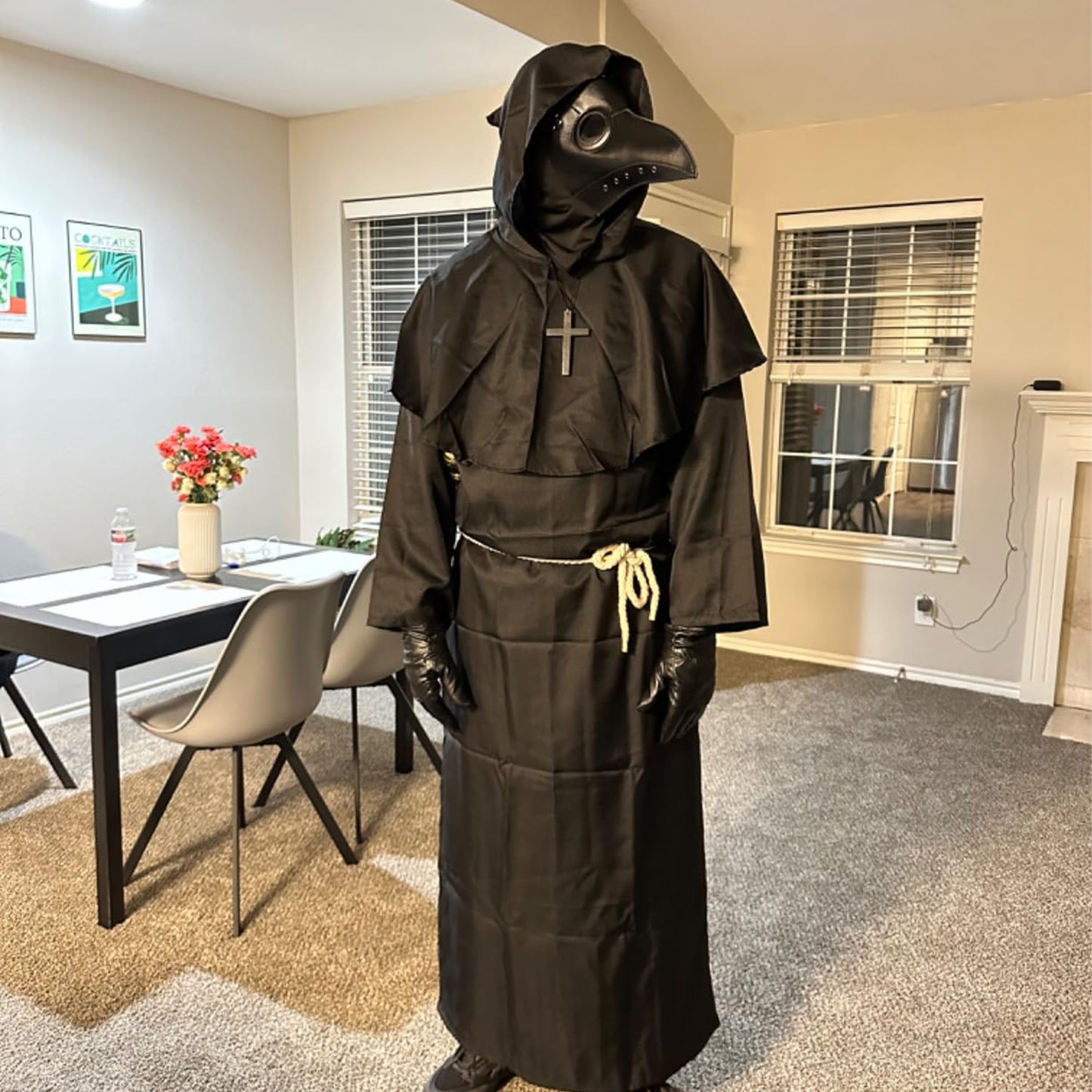 Medieval Plague Doctor Costume Mask Set,Black Hooded Halloween Cosplay Outfit for Adults Men Women,Teen
