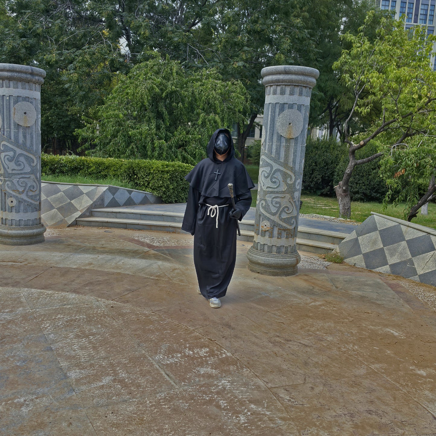 Medieval Plague Doctor Costume Mask Set,Black Hooded Halloween Cosplay Outfit for Adults Men Women,Teen