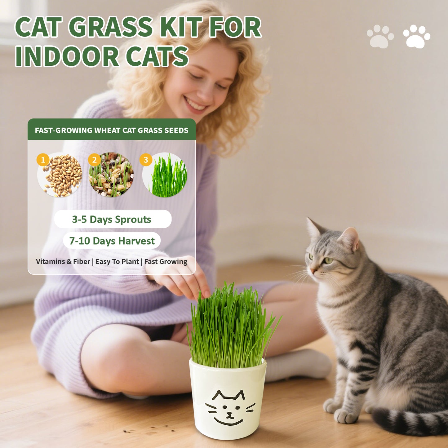 Cat Grass Kit for Indoor Cats – Complete Grow Your Own Cat Grass Set with Planter Pot, Non-GMO USA Wheatgrass Seeds, Nutrient-Rich Soil, –Gift for Cat Lovers