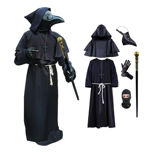 Medieval Plague Doctor Costume Mask Set,Black Hooded Halloween Cosplay Outfit for Adults Men Women,Teen
