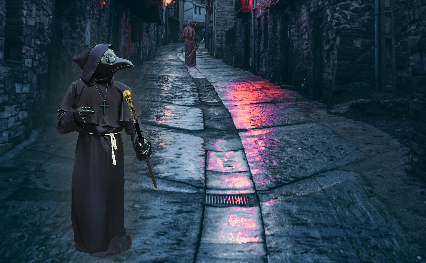 Medieval Plague Doctor Costume Mask Set,Black Hooded Halloween Cosplay Outfit for Adults Men Women,Teen