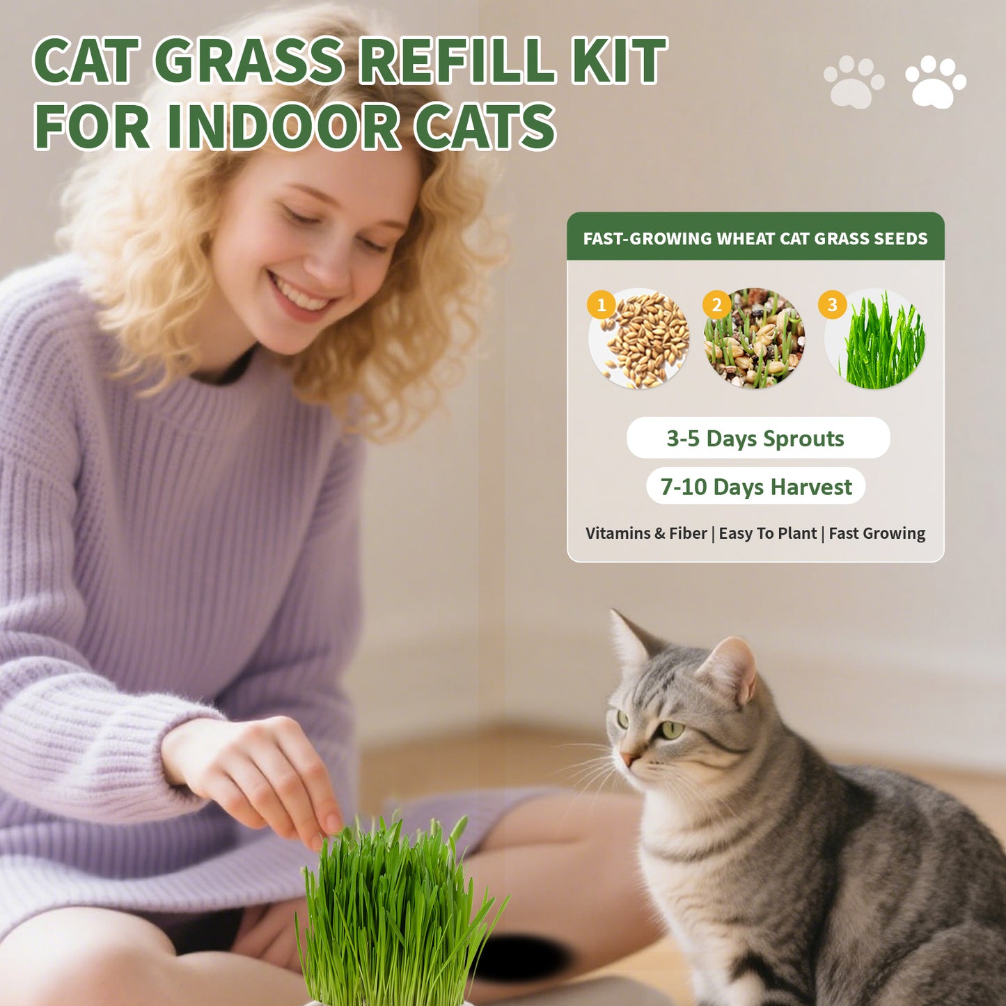 Cat Grass Seeds Refill Kit – Grow Your Own Wheatgrass for Cats with 3 Soil Blocks & 3 Seed Packs, Non-GMO, USA-Grown