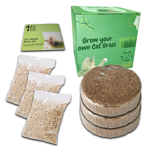 Cat Grass Seeds Refill Kit – Grow Your Own Wheatgrass for Cats with 3 Soil Blocks & 3 Seed Packs, Non-GMO, USA-Grown