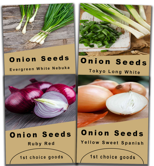 1000+ Onion Seeds for Planting | 4 Individual Packs | Evergreen White Nebuka, Ruby Red, Tokyo Long White & Yellow Sweet Spanish | Non-GMO, USA-Grown Heirloom Vegetable Seeds