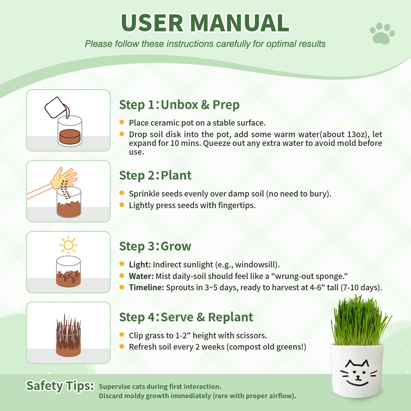 Cat Grass Kit for Indoor Cats – Complete Grow Your Own Cat Grass Set with Planter Pot, Non-GMO USA Wheatgrass Seeds, Nutrient-Rich Soil, –Gift for Cat Lovers