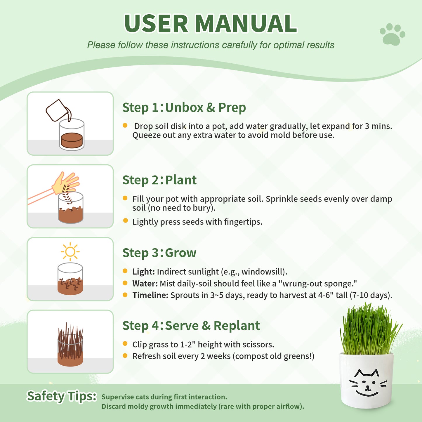 Cat Grass Seeds Refill Kit – Grow Your Own Wheatgrass for Cats with 3 Soil Blocks & 3 Seed Packs, Non-GMO, USA-Grown