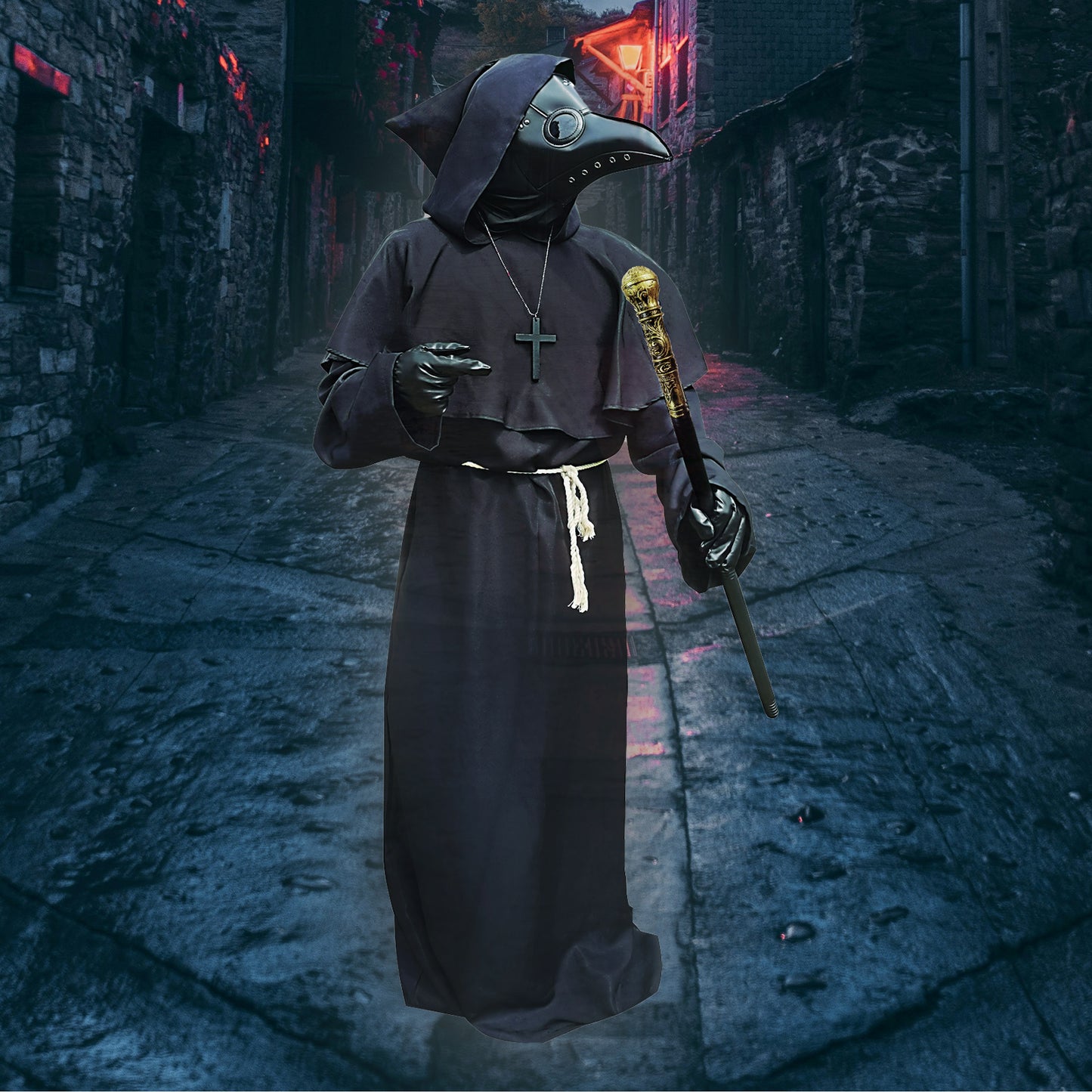 Medieval Plague Doctor Costume Mask Set,Black Hooded Halloween Cosplay Outfit for Adults Men Women,Teen